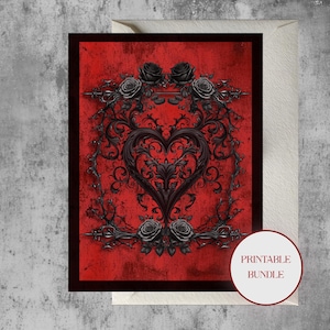 May include: A greeting card with a red background and a black heart-shaped design. The heart is surrounded by black roses and ornate detailing. The words "PRINTABLE BUNDLE" are in a white circle in the lower right corner.