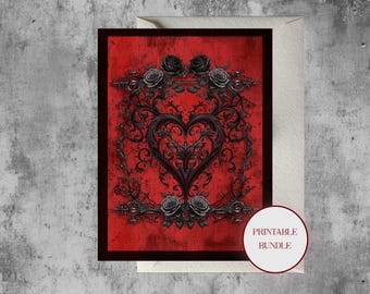 Biglietto di auguri gotico a tema vampiri, biglietto di anniversario gotico, stampa con cuore, include etichette regalo e busta (download digitale)
