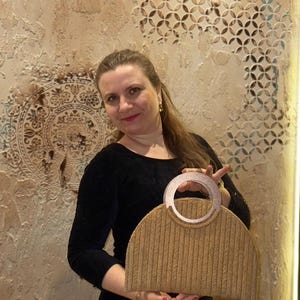 Handmade Straw Woven Tote Bag - Boho Half Moon Handbag with Wooden Handles - Eco Friendly Summer Beach Purse - Rustic Natural Fiber Clutch