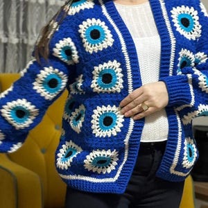 Handmade Crochet Cardigan - Evil Eye Pattern Sweater - Blue and White Boho Knit Cardigan - Vintage Oversized Crochet Jacket
