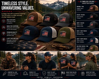 3Fs Flag Logo Patriotic Christian Trucker Hat | American Flag Snapback Cap | Faith Family Freedom Hat | Conservative USA Apparel
