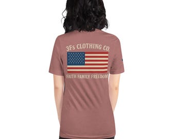 Women's 3Fs Flag logo Patriotic Christian T Shirt | Faith Family Freedom Tee | American Flag Shirt for Women | USA Apparel