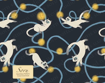 Patrón sin costuras de hilo de gato juguetón dibujado a mano para niños, papel tapiz de tela para guardería, descarga digital