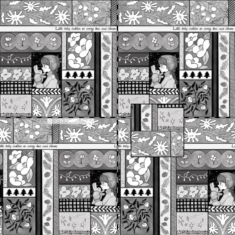 Winter Patchwork Seamless Pattern Monochrome Storybook Illustration Style for Fabric Wallpaper and Art Prints image 3