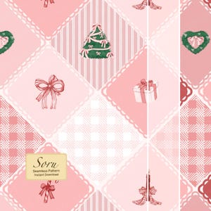 Pink Christmas seamless pattern girly coquette patchwork digital paper fixes dull red green projects