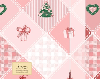 Patrón navideño rosa sin costuras, femenino y coqueto, patchwork, papel digital, arregla proyectos rojos y verdes apagados