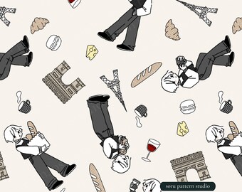 Patrón sin costuras de la ciudad de París: Torre Eiffel y croissant (descarga digital)