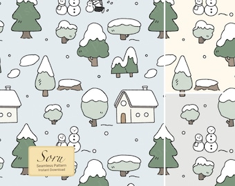 Modello senza cuciture con accogliente villaggio invernale in stile libro di fiabe, stampabile per carta da parati in tessuto e cancelleria