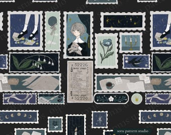 Diseño de papel tapiz de tela con sello postal vintage, patrón sin costuras, cuento oscuro, correo nocturno