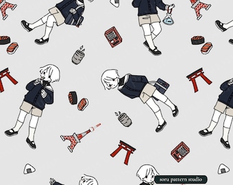 Patrón sin costuras de iconos de la ciudad de Tokio, papel tapiz de tela (descarga digital)