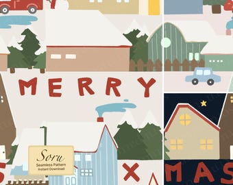 Seamless Country Christmas Village Pattern cozy winter houses snowy holiday scenery digital paper