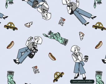 Patrón sin costuras de Nueva York: horizonte, taxi y ambiente viajero (descarga digital)