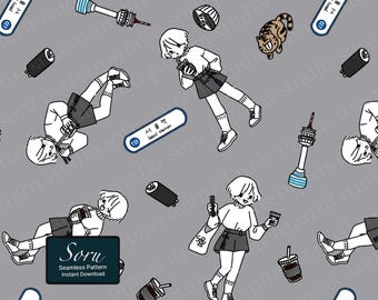 Diseño de papel tapiz digital imprimible con iconos de la vida cotidiana y patrones sin fisuras de la ciudad de Seúl