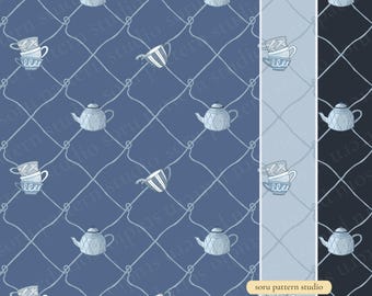 Patrón sin costuras de tetera y taza de té, impresión de cocina azul (descarga digital)