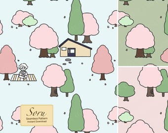Spring Village Seamless Pattern Printable Digital Background Instant Download for Fabric Wallpaper Stationery