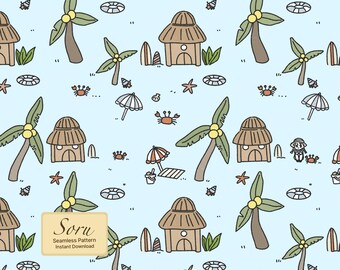 Patrón sin costuras de pueblo de verano, palmera, casa, imprimible digital básico para tela, papel tapiz, papelería