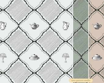 Patrón de cocina retro / Tela y papel pintado con encanto vintage (descarga digital)