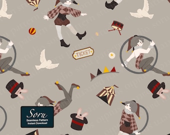 Ilustración de cuento de arlequín con patrón sin costuras de circo vintage para tela, papel tapiz y papelería