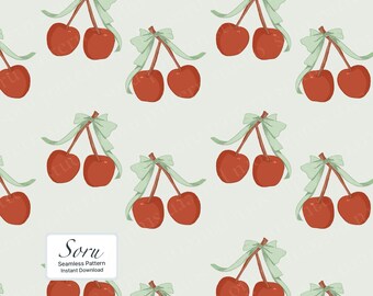 Patrón de cereza con cinta de menta para papel tapiz de tela pastel, papelería, álbum de recortes, proyectos creativos digitales, diseño