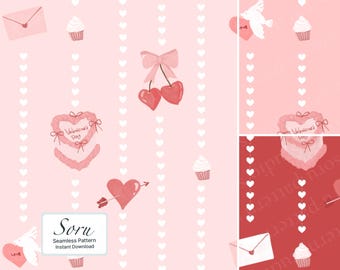 Valentine Heart Stripe Seamless Pattern Soft Pink Red Digital Repeat