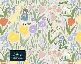 Patrón floral de conejito de primavera para jardín, patrón digital imprimible sin costuras, descarga instantánea