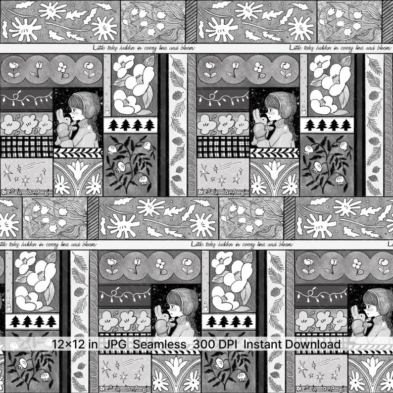 Winter Patchwork Seamless Pattern Monochrome Storybook Illustration Style for Fabric Wallpaper and Art Prints image 2