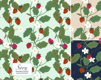 Archivo digital imprimible con patrón botánico de fresa para descargar al instante. Ideal para tela, papel tapiz, papelería y álbumes de recortes.