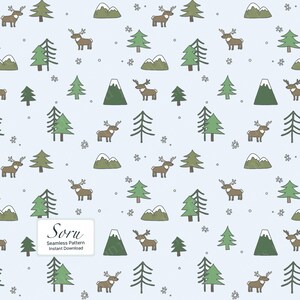 Winter Woodland Seamless Pattern Small Scale Deer Trees Digital Download for Fabric Wallpaper