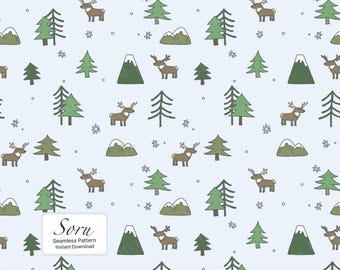 Patrón sin costuras de bosque invernal, ciervos a pequeña escala, árboles, descarga digital para papel tapiz de tela