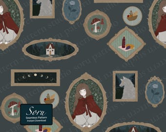 Dark Fairytale Framed Story Digital Pattern with Little Red Riding Hood Vintage Illustrations Elements