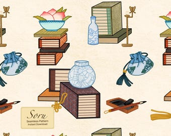 Patrón sin costuras de estudio de académico coreano, ilustración asiática vintage para tela y papel tapiz