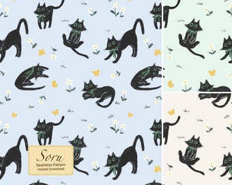 Patrón sin costuras de gatos negros, diseño de tela comercial (descarga digital)