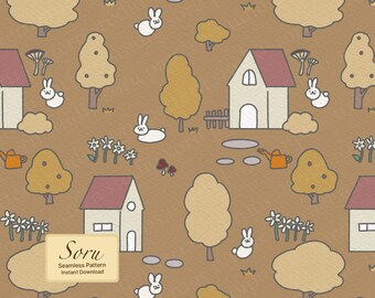 Patrón sin costuras de aldea de conejos de otoño, cabaña acogedora, repetición para tela, papel tapiz, papelería