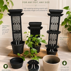 May include: Black self-watering wicking inserts for plant pots with adjustable height and universal fit. The set includes black plastic inserts with a honeycomb pattern, adapter rings for larger pots, and wicks that draw water from a reservoir.