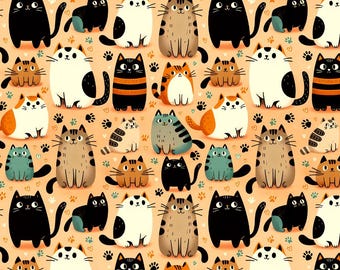 Tela estampada con gatos kawaii / Tela para acolchado por media yarda / Para costura, manualidades, ropa y proyectos de bricolaje