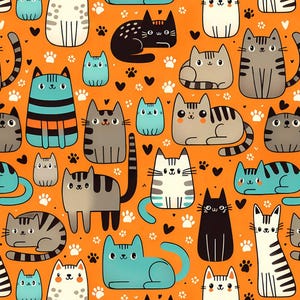 May include: An orange background is covered with cartoon cats in various poses and colors, including black, gray, white, and teal. The cats have different patterns and expressions. Small paw prints and hearts fill the spaces between the cats.