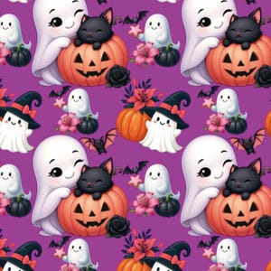 Może przedstawiać: Powtarzający się wzór z ilustracjami na Halloween. Białe duchy, czarne koty i dynie na fioletowym tle. Projekt zawiera nietoperze, kwiaty i kapelusze czarownic, tworząc świąteczną i kapryśną estetykę.