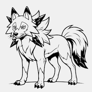 Puede incluir: Ilustración en blanco y negro de un lobo estilizado. El lobo tiene una melena y cola puntiagudas, con una expresión severa. La obra de arte es un diseño gráfico limpio, adecuado para diversas aplicaciones.