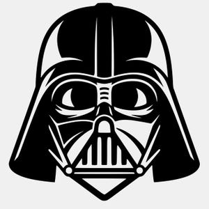 May include: Black and white graphic of Darth Vader's helmet. The helmet features a distinctive mask with a central breathing apparatus, a prominent brow, and a pointed chin. The image is a stylized representation of the iconic Star Wars character.