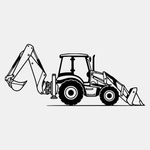 May include: Black and white illustration of a backhoe loader. The construction vehicle is depicted in profile, with a large bucket arm extended to the left and a front loader bucket. The tires and cab are also visible.