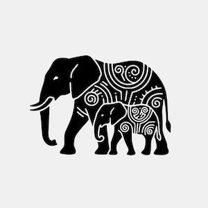 May include: A black and white illustration of an adult elephant and a baby elephant walking together. The elephants have decorative patterns on their bodies. The image is a simple, graphic design.