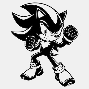 May include: Black and white illustration of a hedgehog-like character in a fighting stance. The character has spiky hair, a determined expression, and is wearing gloves and boots. The image is a graphic design.