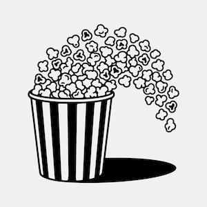 Peut inclure: Illustration en noir et blanc d'un seau de pop-corn à rayures verticales noires. Le pop-corn déborde du seau, avec quelques grains qui se répandent. Le seau projette une ombre sur la surface en dessous.