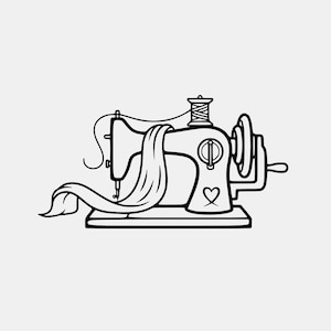 Peut inclure: Illustration en noir et blanc d'une machine à coudre vintage. La machine présente une bobine de fil, un détail en forme de cœur et du tissu drapé sur l'aiguille. Un design classique pour les couturiers.