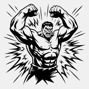 Puede incluir: Ilustración en blanco y negro de una figura musculosa y enfadada con los brazos levantados. La imagen presenta líneas radiantes alrededor de la figura, sugiriendo poder. Un diseño gráfico llamativo.