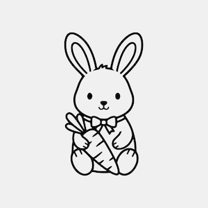 Puede incluir: Ilustración de dibujos animados en blanco y negro de un conejito sosteniendo una zanahoria. El conejito tiene orejas grandes, una pajarita y está sentado. La zanahoria también es en blanco y negro.