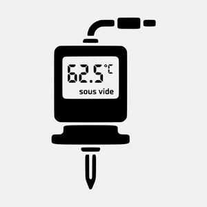 May include: Black sous vide immersion circulator with a digital display showing 62.5°F. The device has a probe and a rectangular body with the text "sous vide" below the temperature reading. The design is a simple, minimalist style.
