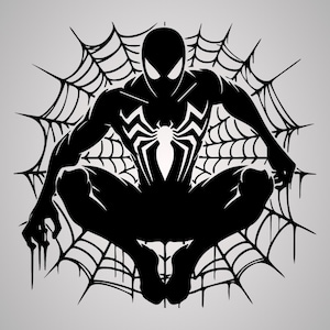 May include: Black and white illustration of a superhero in a crouching position, surrounded by a spider web. The superhero is wearing a black suit with a white spider emblem on the chest.