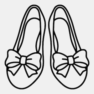 May include: A pair of black and white line art ballet flats with bow accents. The shoes have a rounded toe and a strap that goes around the ankle. The bows are centered on the front of each shoe.