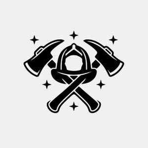 May include: A black and white graphic of a firefighter's helmet, crossed axes, and four stars. The axes are positioned on either side of the helmet, with the handles crossed at the bottom. The stars are evenly spaced around the central image.
